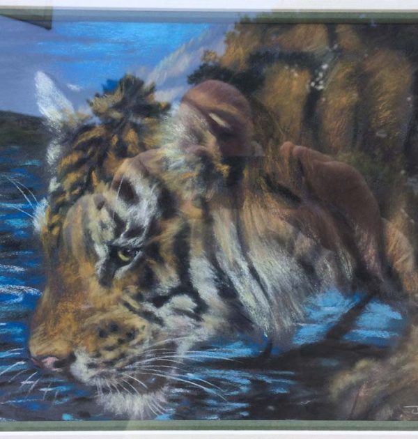 Joel Kirk Pastel Painting of a Tiger at a Watering Hole - AntiqArt